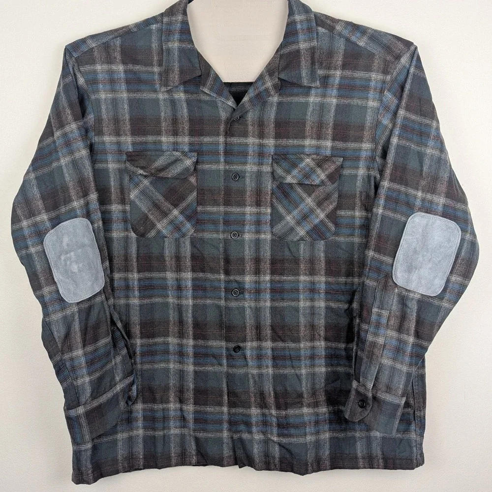 Pendleton Board‎ Shirt Wool Plaid Long Sleeve Men's XXL Elbow Patch